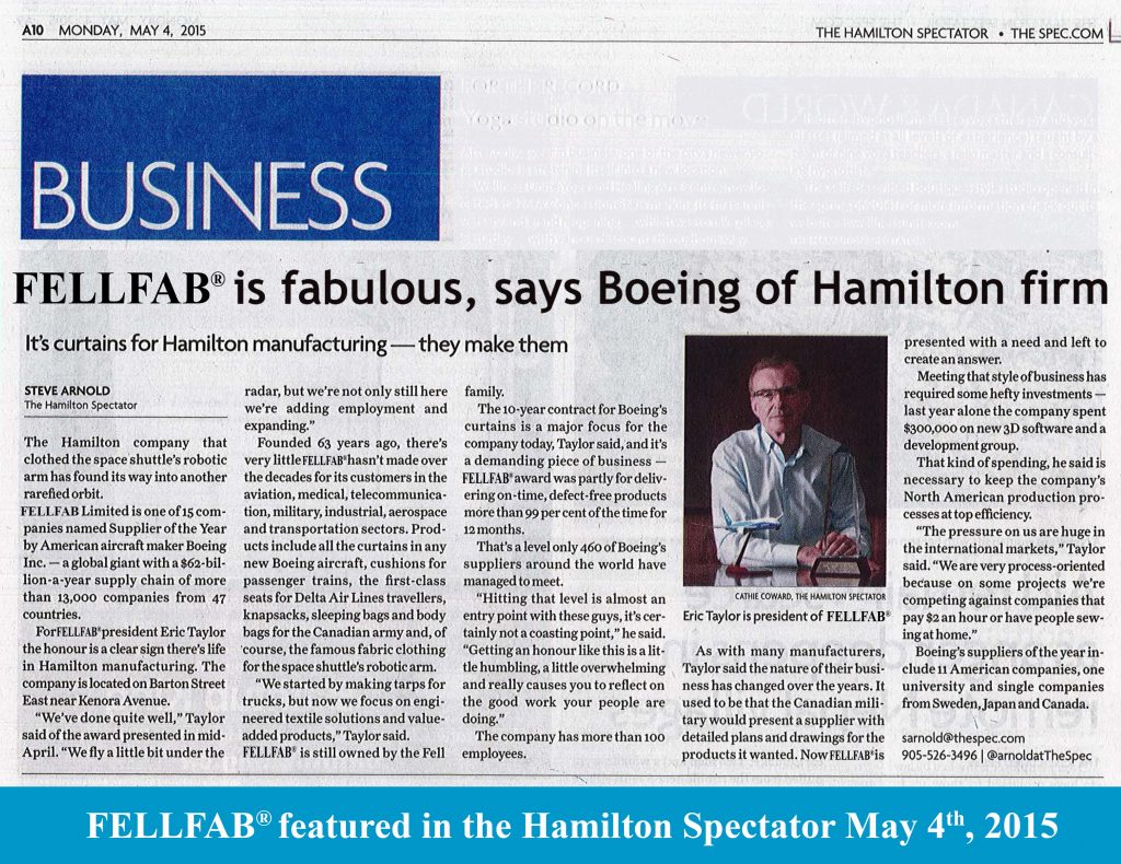 Article about FELLFAB Limited in the Hamilton Spectator Newspaper Fellfab